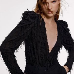 Zara Black Puff Sleeve Fringe Deep V Bodysuit